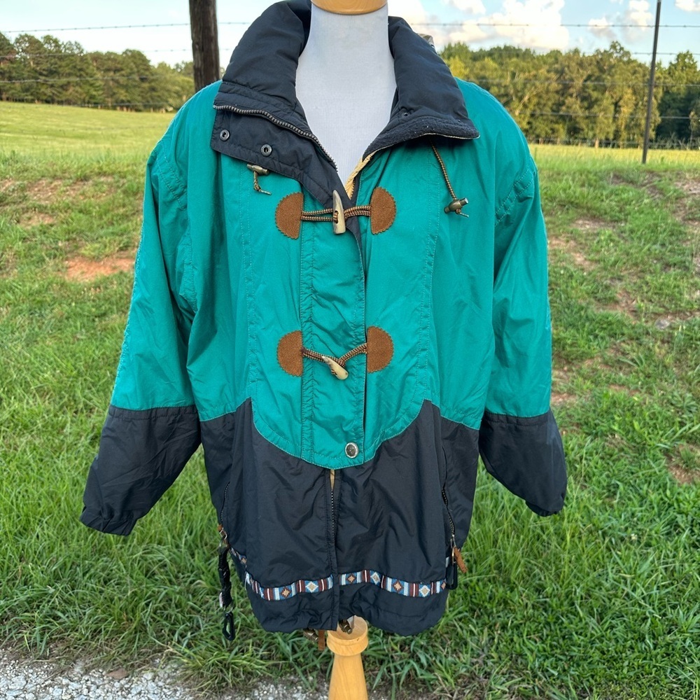 Obermeyer Green and Black Puffer Jacket with High Collar